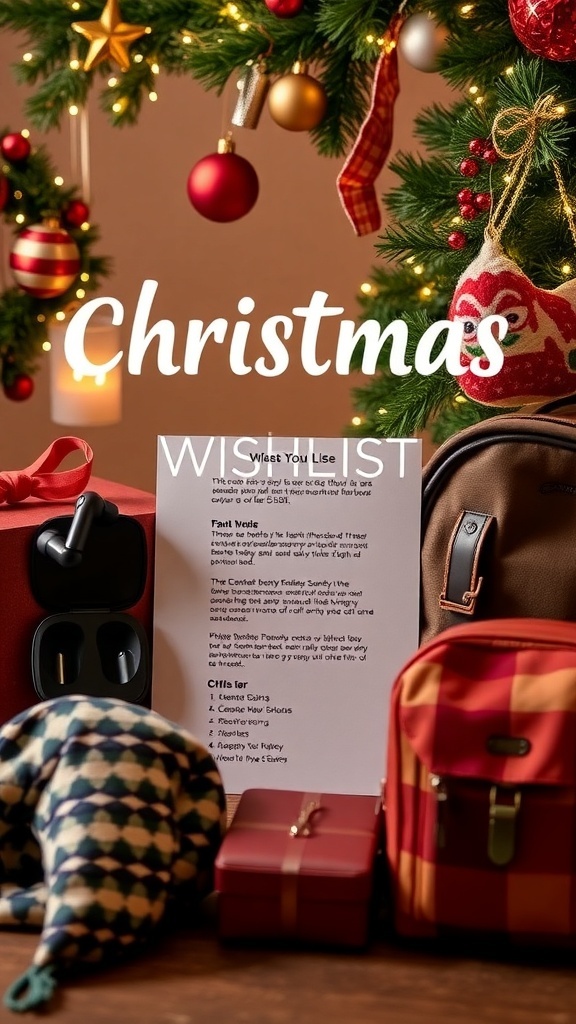 A creative Christmas wishlist with various gift ideas displayed in a festive setting.